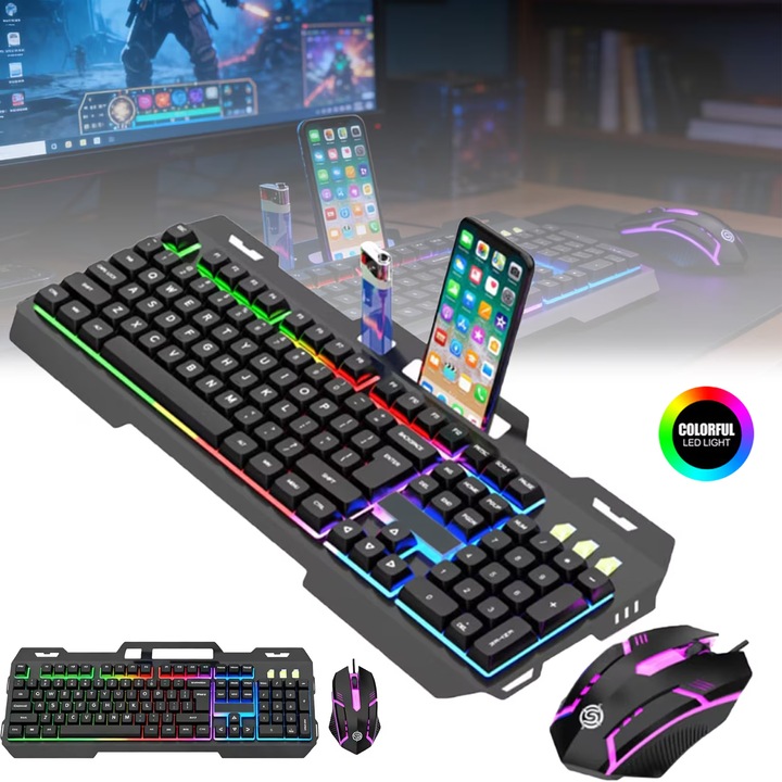 K-Snake Геймърски комплект: Механична клавиатура и мишка, RGB осветление, ергономичен дизайн, водоустойчив, черен