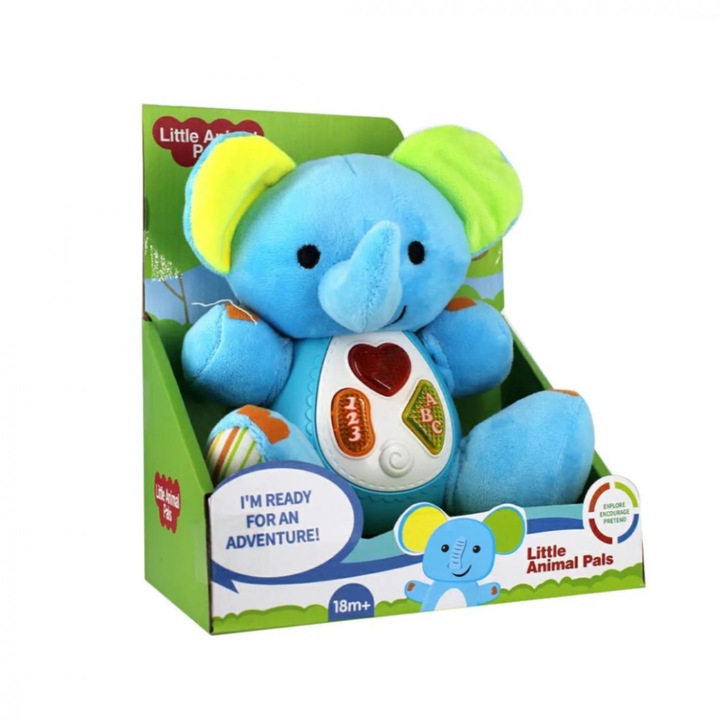 Plus elefantel interactiv, cu efecte sonore si luminoase, ideal pentru dezvoltarea abilitatilor motorii, cognitive si lingvistice ale copiilor