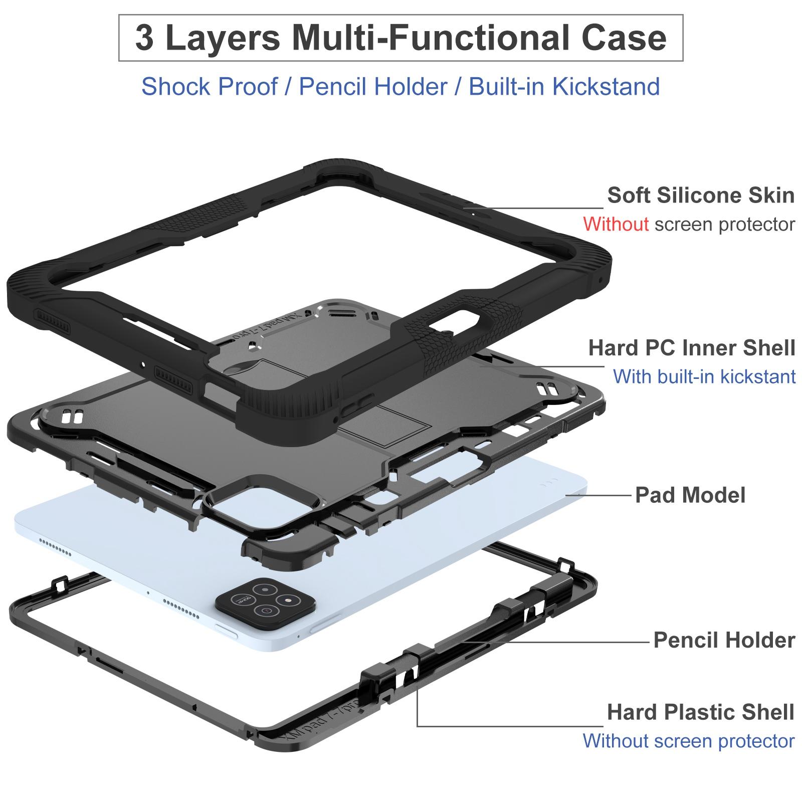 Husa tableta pentru Xiaomi Pad 7/7 Pro, silicon hibrid + PC, cu suport, rezistenta la socuri, negru