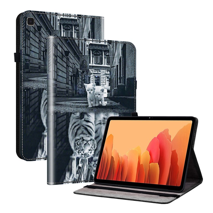 Samsung Galaxy Tab A7 10.4-gyel kompatibilis tablet tok, texturált bőr festett mintával, okostok, tigrismacska tükröződés