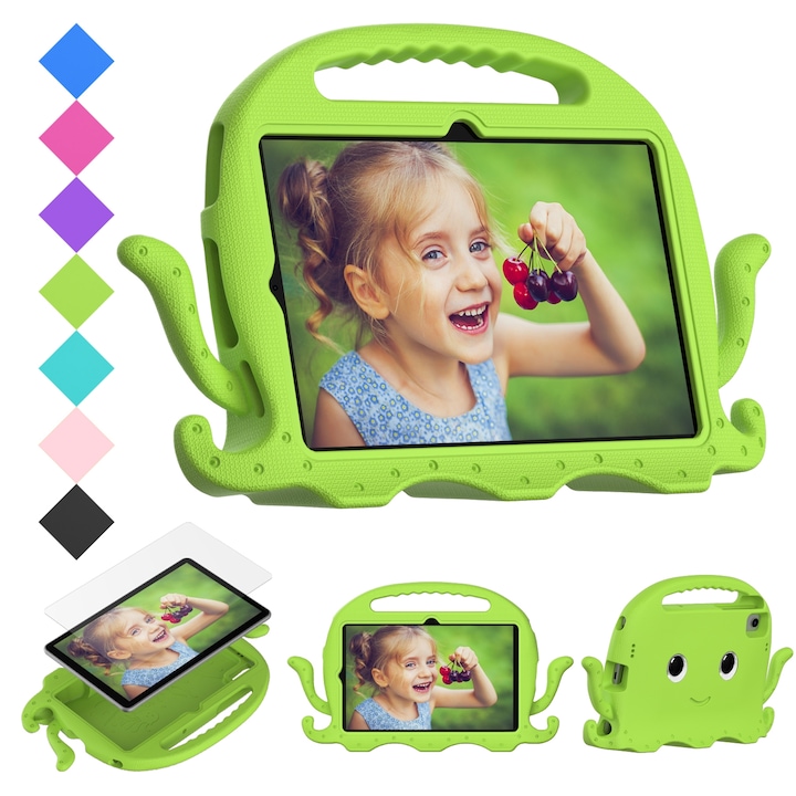 Husa tableta compatibila cu Samsung Galaxy Tab S6 Lite, stil carcasa hibrida EVA PC cu design de caracatita, cu curea, verde iarba