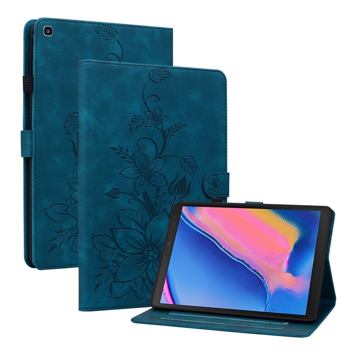 Samsung Galaxy Tab A8 2019 készülékkel kompatibilis tablet tok, liliomvirág gravírozással díszített bőr, sötétkék