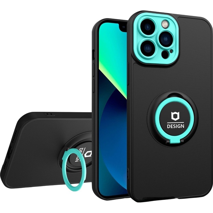 Husa Eagle Eye cu Stand pentru Apple iPhone 14 Pro (6.1) Negru/Turcoaz, Suport Auto Magnetic, Protectie Antisoc, Flippy