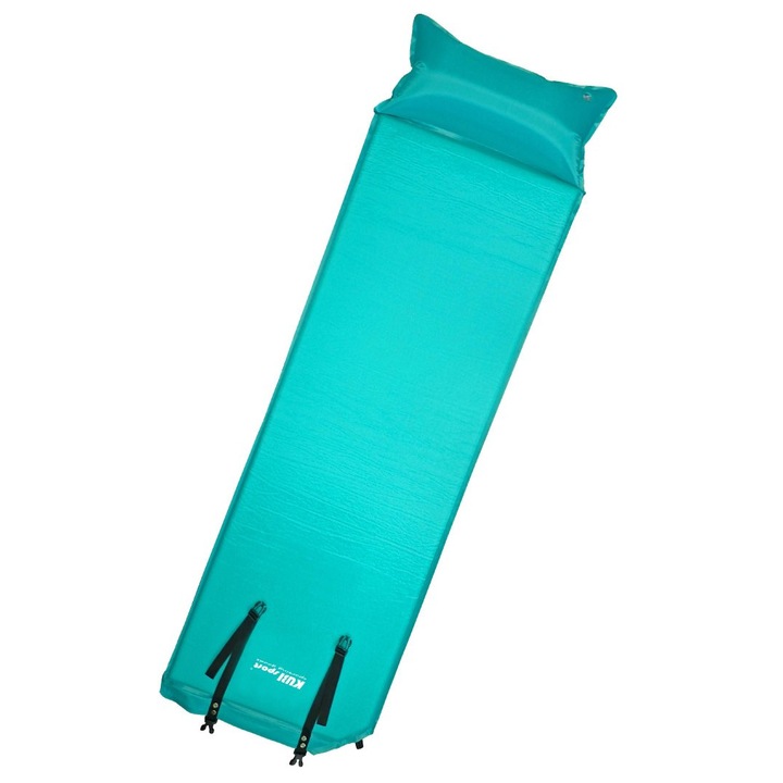 Mata de camping autoumplere cu perna, 186x53x2,5 cm, turcoaz, capacitate 120 kg