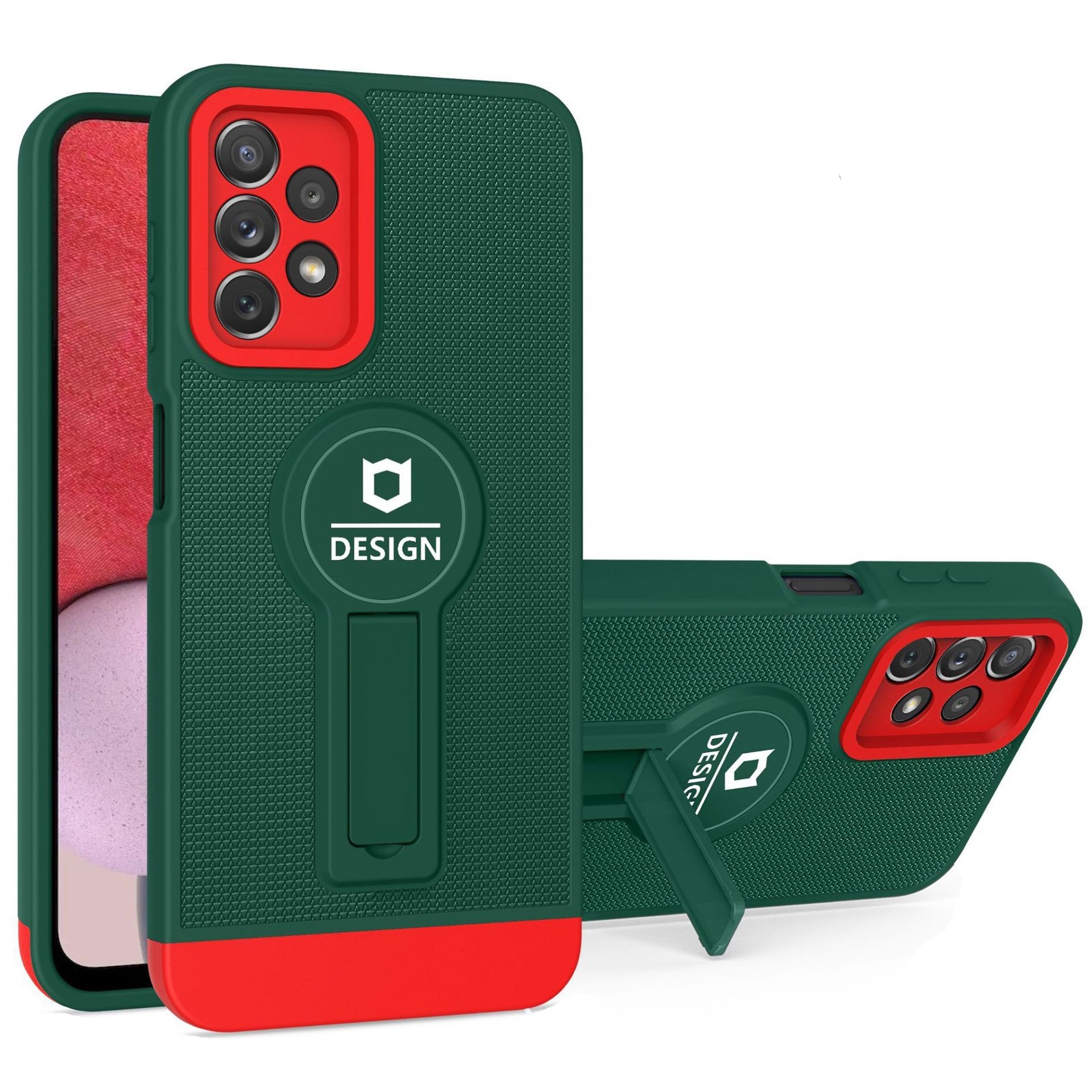Husa Armor Design cu Stand pentru Samsung A13 4G, Verde/Rosu, Suport Auto Magnetic, Wireless Charge, Protectie Antisoc, Flippy