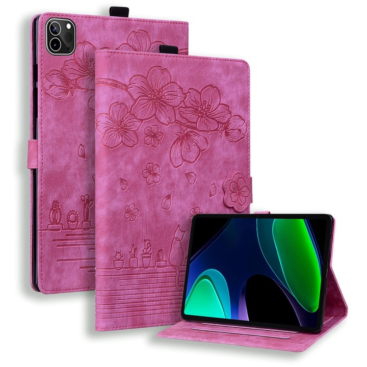 Husa tableta pentru Xiaomi Pad 6/6 Pro, piele gravata cu motive de pisici si cirese, roz pal