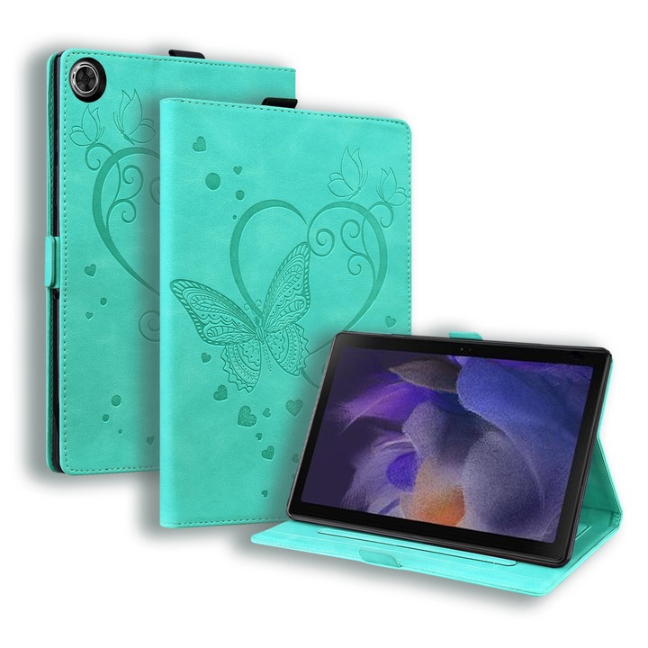 Husa tableta compatibila cu Samsung Galaxy Tab A8 10.5 2021, piele cu model fluture, cu suport si functie sleep/wake, verde
