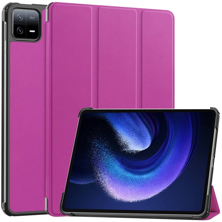Husa tableta pentru Xiaomi Pad 6/6 Pro, piele ecologica, cu suport 3 pliuri, roz violet