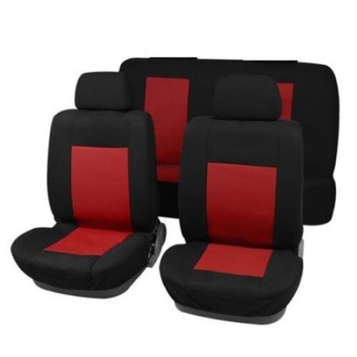Комплект калъфи за седалки за кола Amio, тапицерия за предни и задни седалки ,Пълен комплект 6 части, черно + червено