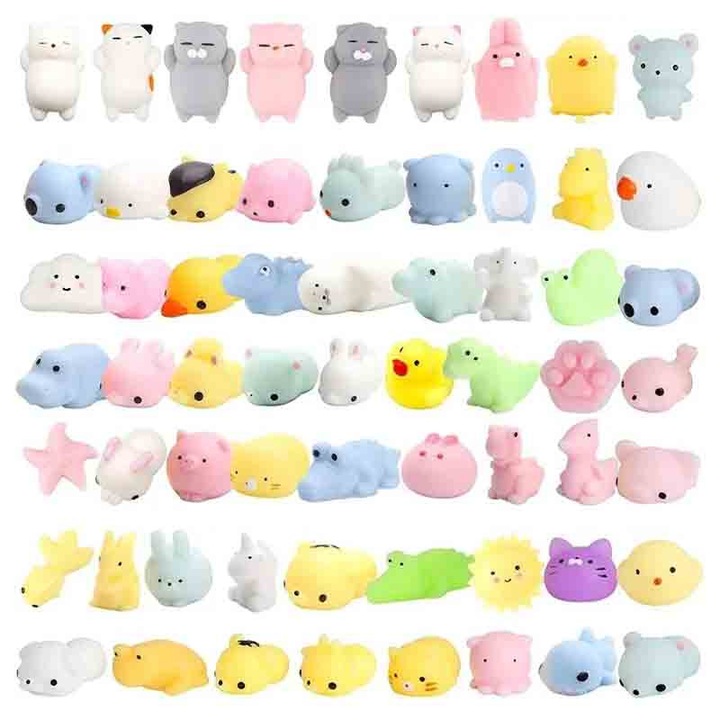 Set 50 Jucarii Squishy Mochi, Rqiurpn, Diverse Forme si Culori, Antianxietate, Calmant, Usor de curatat si reutilizabil, Multicolor