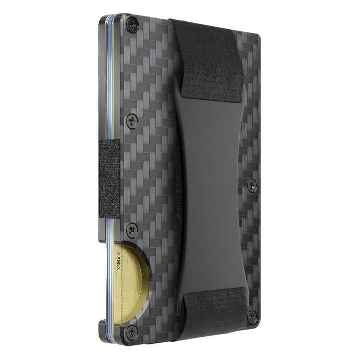 Portofel Slim pentru Barbati, Design Minimalist, Blocheaza RFID, cu Curea pentru Bani, Carbon Fiber