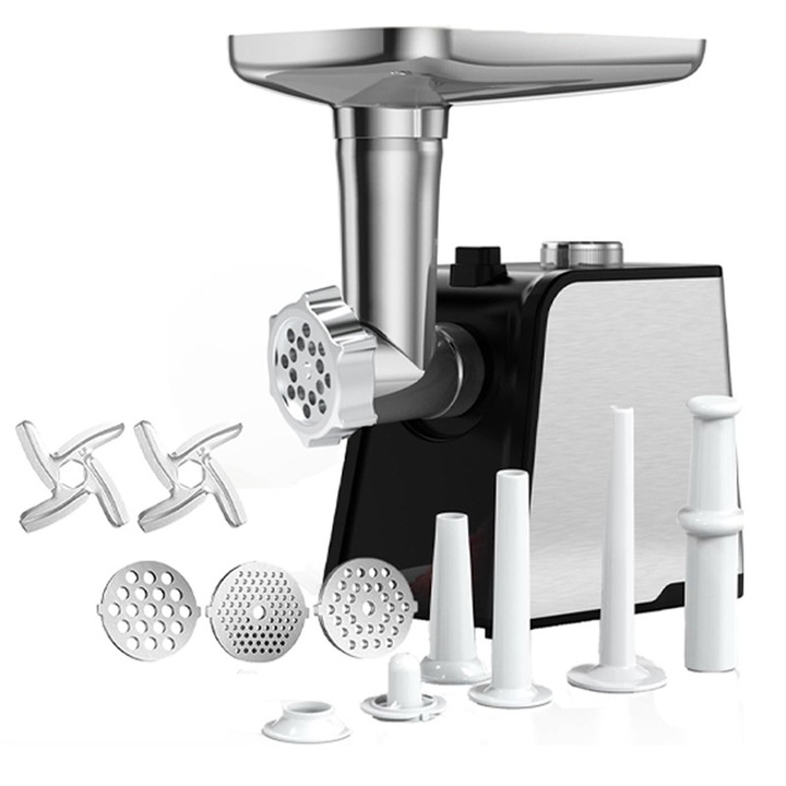 Месомелачка Rqiurpn, 800W, 3 кг/мин, с 2 остриета, 3 цилиндъра за рязане, аксесоар за колбаси, за домашна употреба, неръждаема стомана/алуминий, черен/сребрист