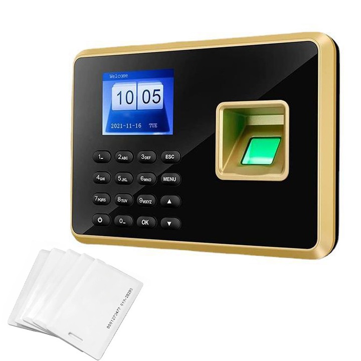 Inregistrator de pontaj si prezenta, Rqiurpn, verificare prin amprenta digitala/parola/card/tichet RFID 125 kHz, ecran de 2,4", pana la 1.000 de angajati in memorie, pentru companii, birouri, Auriu/Negru