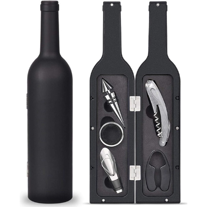 Tirbuson vin din Otel Inoxidabil, Set complet de deschisoare de vin, taiator de folie cu inel de picurare, turnator de vin, deschisor de sticle cu dop, 5 bucati, negru, cutie in forma de sticla, accesorii pentru bar cadou pentru iubitorii de vin