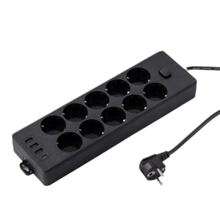 Разклонител с 10 гнезда, 3 x USB, 1 x Type-C, ключ ON/OFF, защита от претоварване, 2 м, черен
