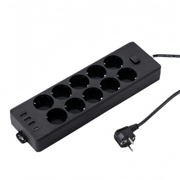 Prelungitor Electric 10 Prize + 3 USB + 1 Type-C - 2m Cablu, Protectie Suprasarcina, Intrerupator On-Off, Negru