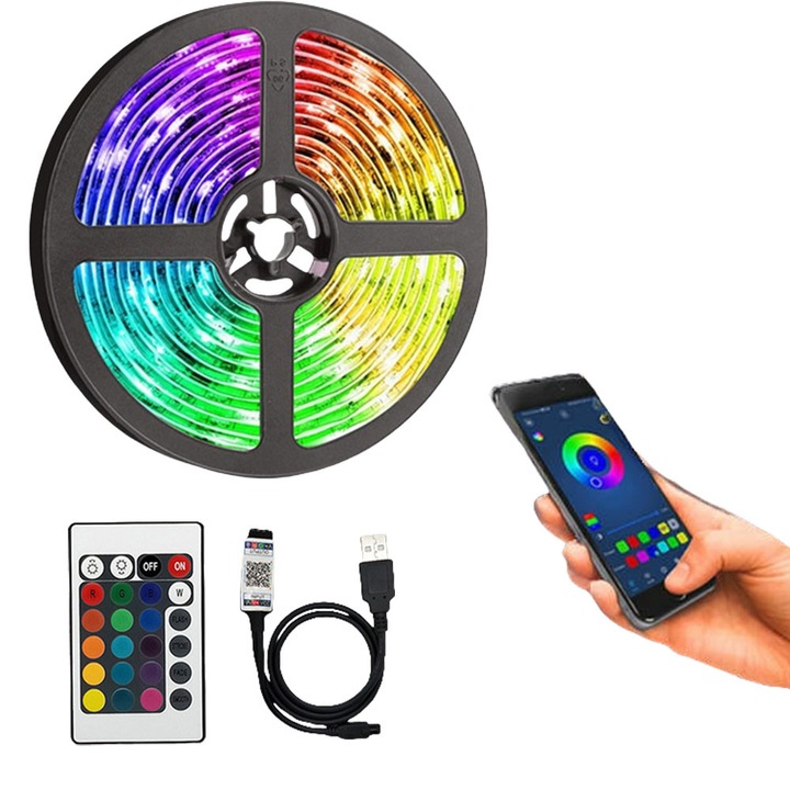 Banda LED RGB smart 5 metri, 30 LED/m tip 5050, lumina ambientala cu intensitate reglabila, control prin aplicatie Wi-Fi, compatibila Alexa/Google, mod muzica cu microfon, timer On/Off, adeziva, cu telecomanda, ideala pentru decoratiuni camera