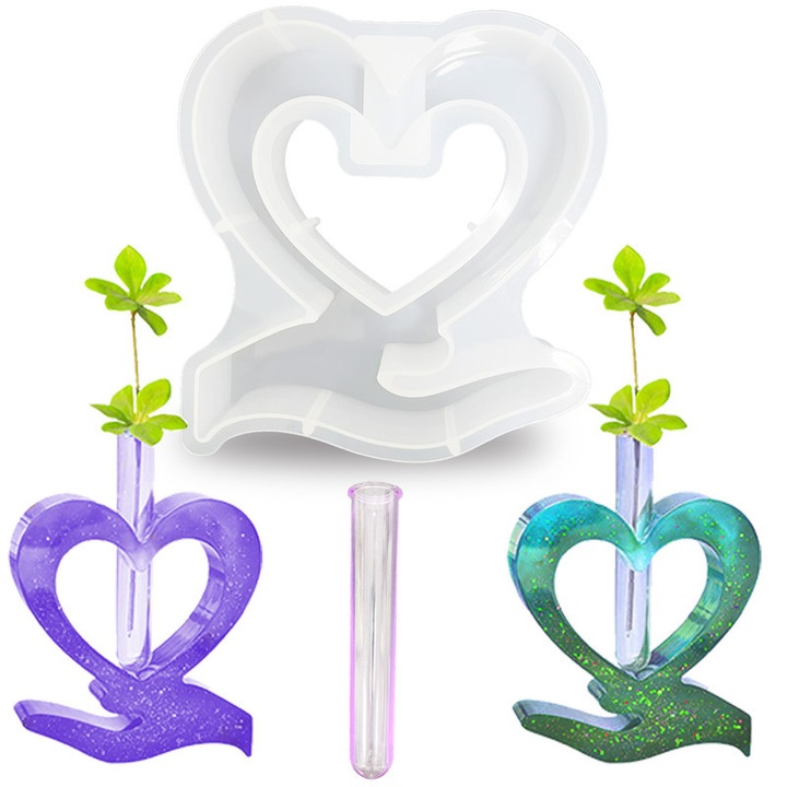 Forma Inima, Matrita Inima Rasina, Matrita Silicon Pentru Rasina Epoxidica, Cu Tub De Testare, 14.1x13.8x3.5cm
