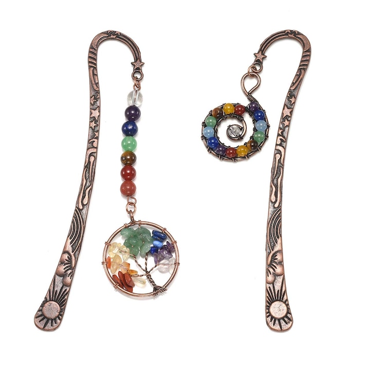 2 darabos fém könyvjelzőkészlet gyógyító kristályokkal, kerek gyöngyökkel, az Életfa szimbólummal, 123mmx10mm