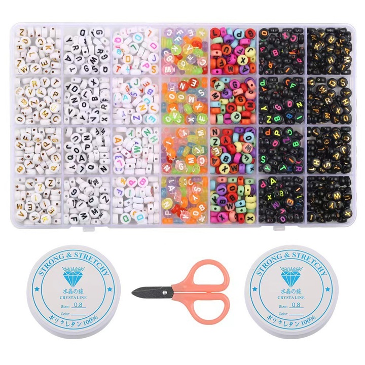 Set 1400 bucati margele alfabet, 7 culori, 4x7mm, margele rotunde, fir de cristal, pentru bijuterii DIY