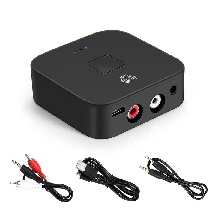 Receiver Bluetooth pentru sistem stereo, adaptor audio wireless 3.5mm si 2RCA, compatibilitate universala, 10m, set
