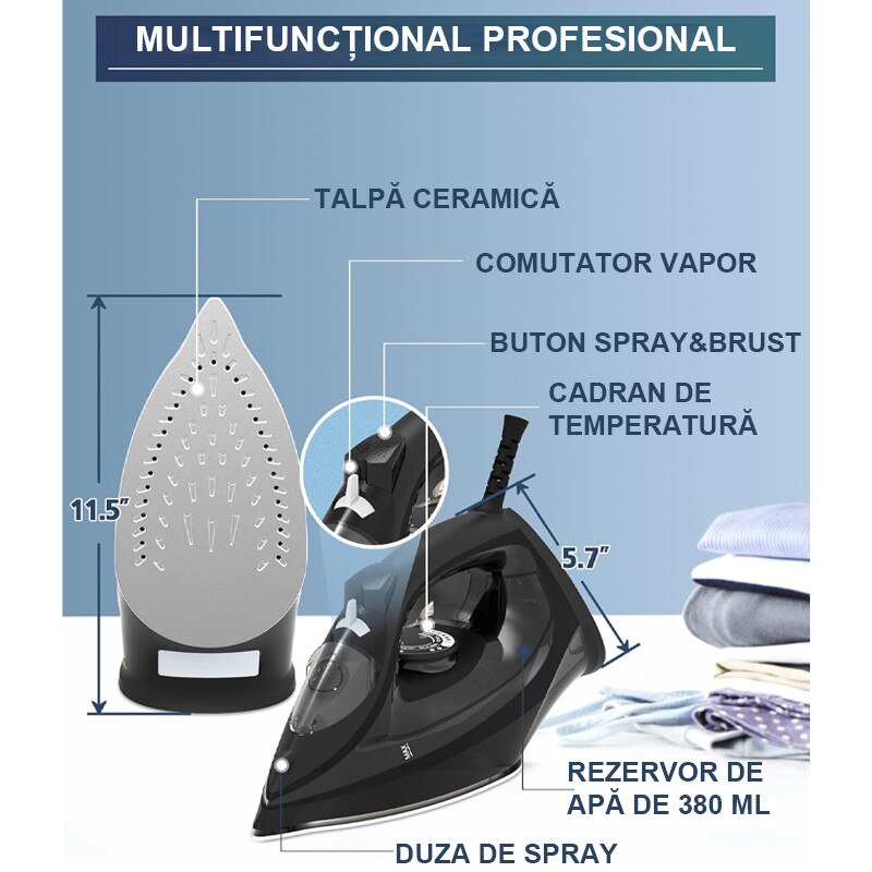 Fier de calcat, Rqiurpn, 2200W, Rezervor 380ml, Functie auto curatare, abur variabil 0-20 g/min, 3 setari temperatura, Negru