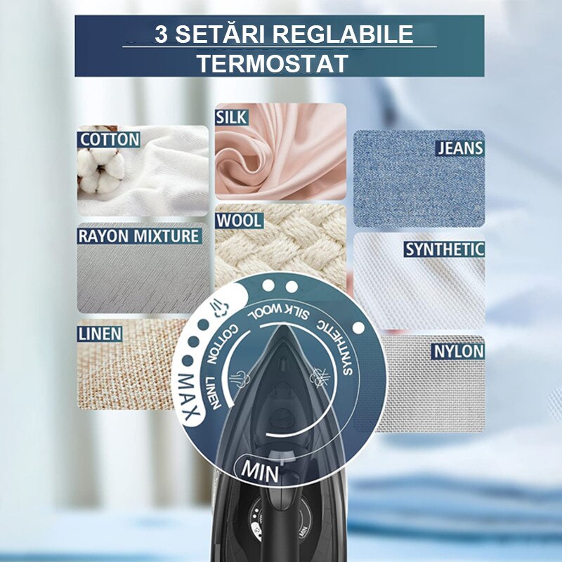 Fier de calcat, Rqiurpn, 2200W, Rezervor 380ml, Functie auto curatare, abur variabil 0-20 g/min, 3 setari temperatura, Negru