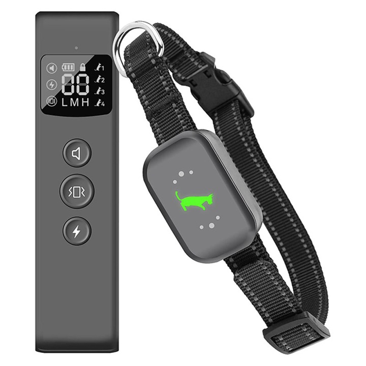 Zgarda electrica, Rqiurpn, 3 moduri de antrenament, cu telecomanda, pentru dresajul cainilor, vibratii si soc static, raza actiune 500m, lungime ajustabila, waterproof, Negru