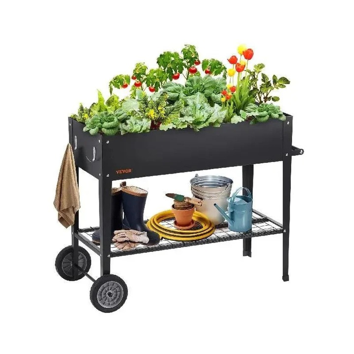 Magasított kerti ágyás, acél szerkezet kerekekkel, vízelvezetővel, fekete, 42,5x19,5x31,5 cm