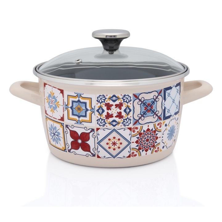 Oala, 6l, capac din sticla, Porto, email Metalac, 24 cm