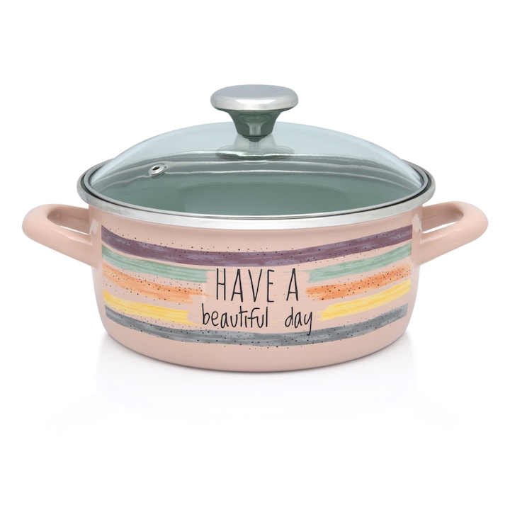 Cratita emailata Metalac Divan Dan, 2.75l, capac sticla, 20cm, rezistenta chimica, usor de curatat