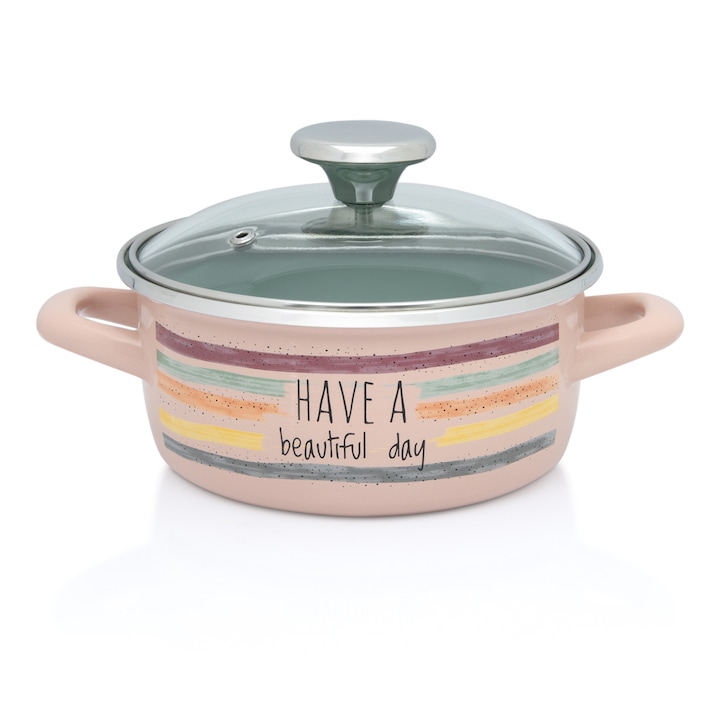 Cratita, 1.5l, capac din sticla Divan Dan, emailata, Metalac, 16 cm