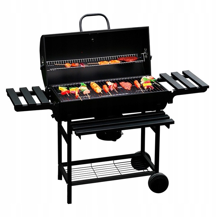 Gratar de gradina VELACO cu capac, 70x35cm, negru, 2 polite din lemn, 2 roti