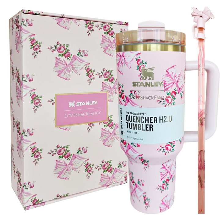 Комплект термочаши Stanley от неръждаема стомана, 1200 мл, модел роза, подаръчна кутия, розов, специален капак със сламка за многократна употреба, изключителна издръжливост, ефикасна изолация, ергономичен дизайн, първокласен материал