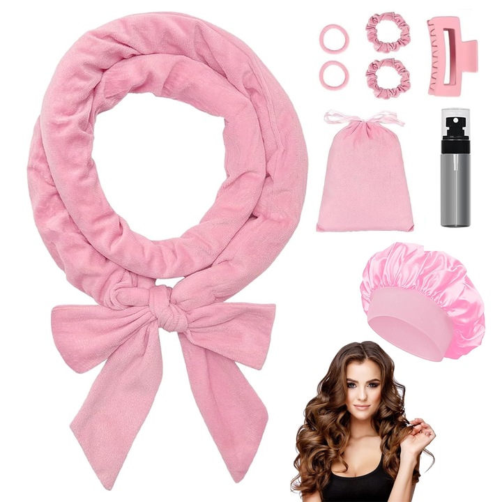 Set 9 Bigudiuri, BYONDSELF®，Flanel，cu Caciula pentru Par/Curea pentru Par/Geanta Depozitare, Roz