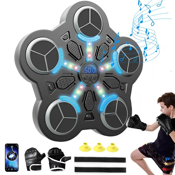 Box ütő céltábla, BYONDSELF, 5 ütőzóna, Bluetooth, beépített hangszóró, LED, falra szerelhető, kesztyűvel, gyerekeknek és felnőtteknek
