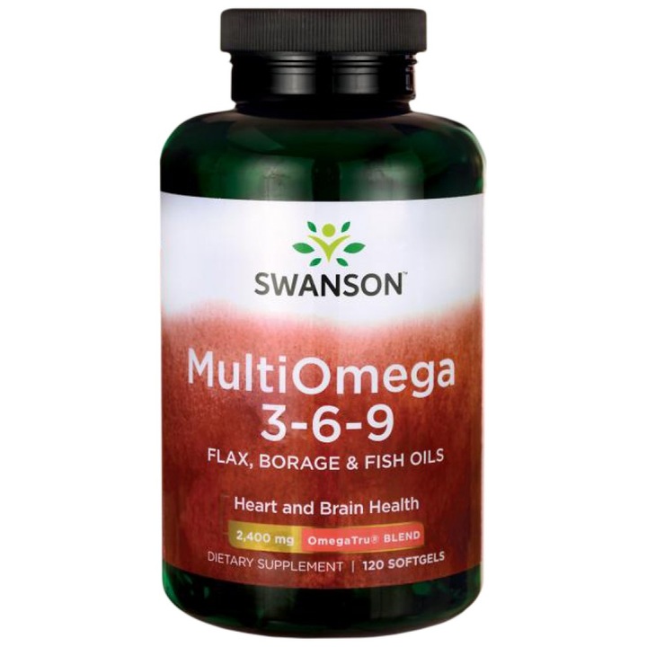 Хранителна добавка SWANSON, Multi Omega 3-6-9 (Flax, Borage, Fish), 120 Гел капсули
