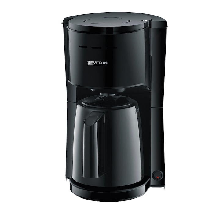 Кафемашина Severin, капацитет 1 литър, приготвя 8 чаши кафе, поддържа топло, подвижен и миещ се филтър, осветен бутон за включване/изключване, градуиран резервоар за вода, лесно почистване, прибиращ се кабел, черна