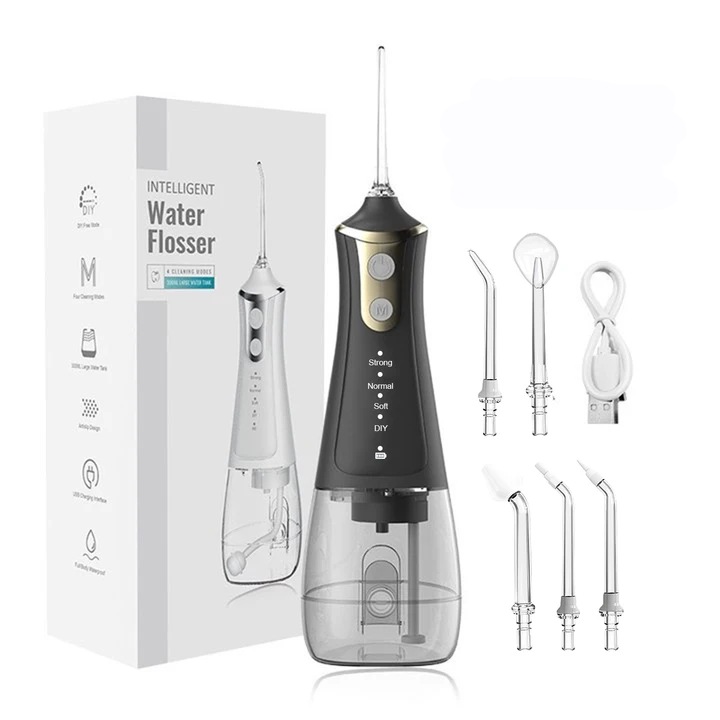 Aparat de curatare dentara cu apa, fara fir, portabil, 300 ml, 5 duze, IPX7, rezistent la apa, reincarcabil, pentru acasa si calatorii (negru cu auriu）