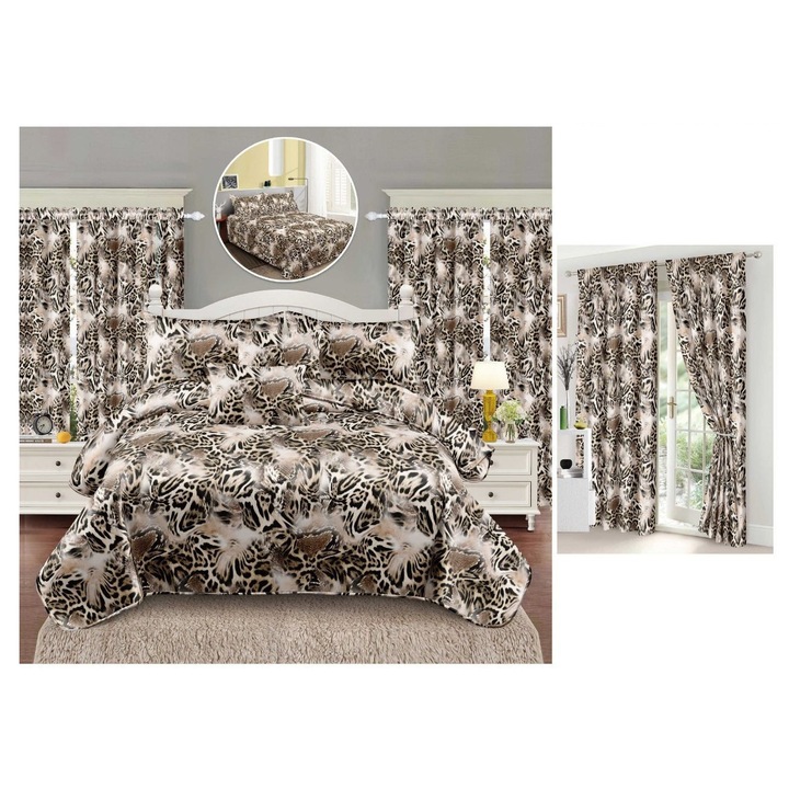 Set Lenjerie de pat dublu CHIRASO, cu Draperie asortata, 8 piese, Cearceaf de pat 230x240cm, Husa pilota 200x230cm, 2 fete de perna 70x70cm, 2 fete de perna 55x75cm si 2 buc. Draperie 150x230cm, cu imprimeu, crem-maro