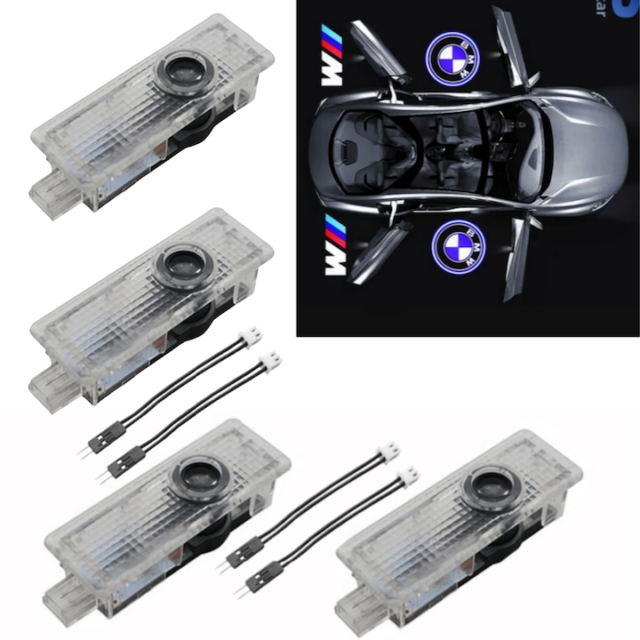 4 darabos projektorkészlet, LED BMW és M logóval, autós hologramok, Plug & Play telepítés, tiszta kivetítés, nagy tartósság, autóajtólámpák kompatibilisek a BMW 1, 2, 3, 4, 5, 6, 7, E90, E91, E92, F30, F31, F34, E65, E66, 430i, 435i, 440xi sorozataival