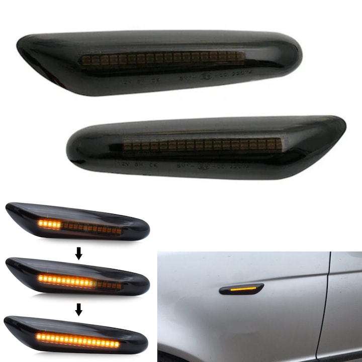 2 darabos dinamikus szekvenciális LED-es szárnyjelző készlet, oldalsó sárvédőkhöz, Plug & Play kompatibilis, látható jelzés, dinamikus sárga szín, kompatibilis a BMW 1/3/5 szériával E46 E60E87E90E92X1X3, füst színű modell