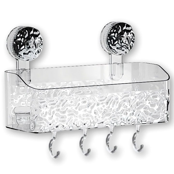 Raft cu ventuza by Novary®, Etajera Baie, Organizator Dus, Suport Periuta, Depozitar Bucatarie, Polita Birou, Montaj perete fara gaurire, Design modern cu orificii de scurgere, Rezistent la Umezeala, 4 carlige detasabile, 29x11x10 cm, Transparent