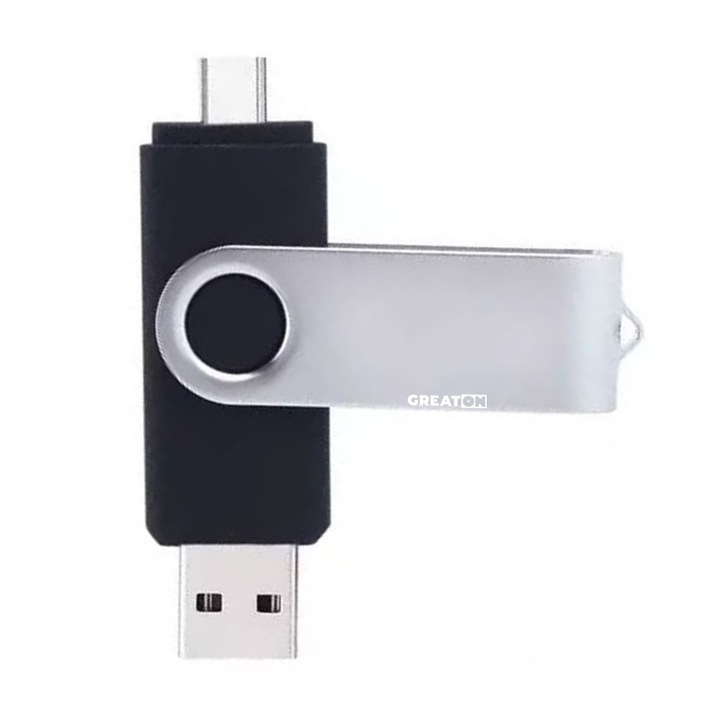GREATON Memory Stick, 256 GB, 2 az 1-ben, USB 3.0 és Type-C csatlakozóval, 360°-ban forgatható, nagy sebességű, szürke/fekete