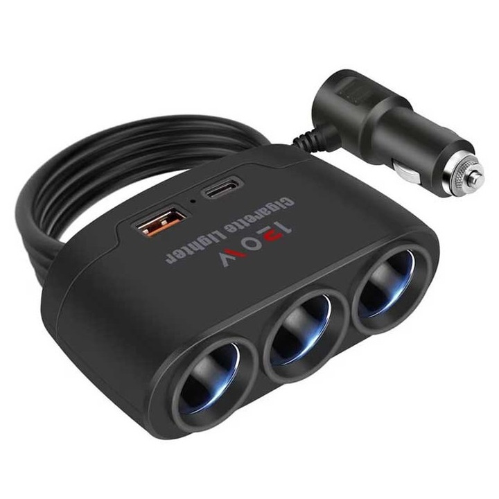 Multiplicator bricheta auto, 3 iesiri, 1 x USB, 1 x USB-C, 120 W, 12 - 24V, negru, Dactylion®