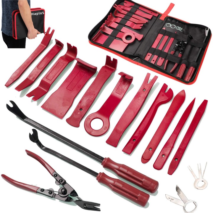Set 19 scule demontare interior auto, HaploS®, plastic PMMA, cu husa, rosu