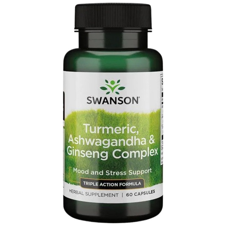 Хранителна добавка SWANSON, Turmeric, Ashwagandha & Ginseng Complex, 60 капсули