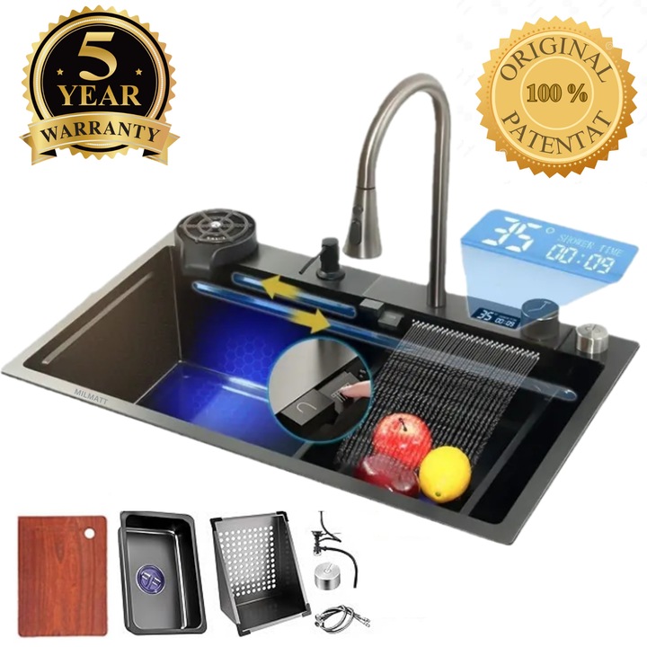 Set chiuveta bucatarie, Milmatt, multifunctionala, finisaj fagure, baterie cu dus extractibil si afisaj led, spalator pahare, tocator lemn, cos spalare/stoarcere legume, otel inoxidabil 3 mm, culoare gri, 750x450 mm