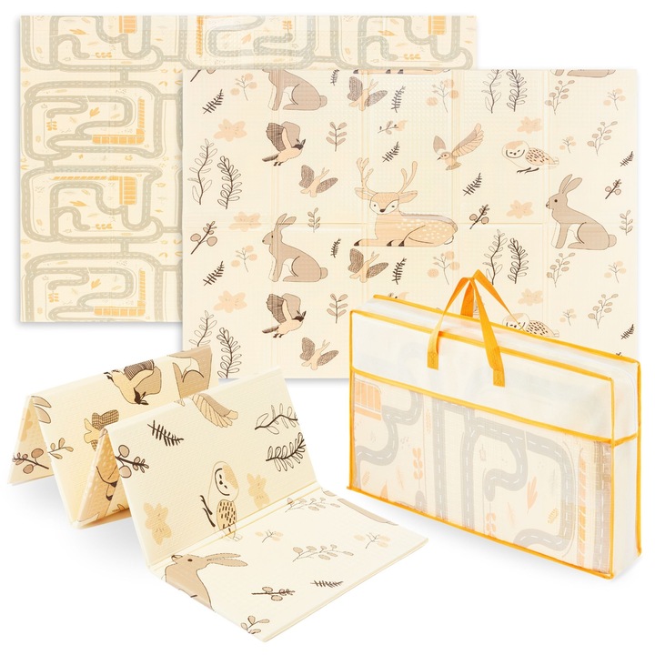 Сгъваем матрак от пяна, Moby-System, Сгъваем матрак R17, Двоен дизайн с мотив гора/градски улици, Изработен от висококачествена оригинална пяна, Неплъзгаща се структура, Водоустойчив, 180x120x1 см, Многоцветен