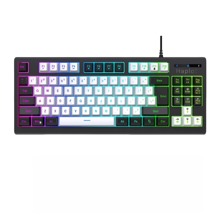 RGB mechanikus gamer billentyűzet, 87 billentyű, 7 fényeffektus, fekete-fehér